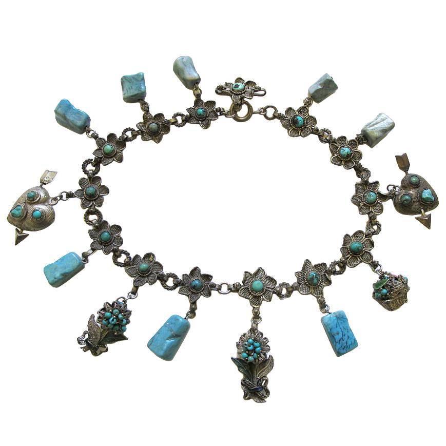 Vintage Silver Plate and Turquoise Floral Chocker with Charmes For Sale