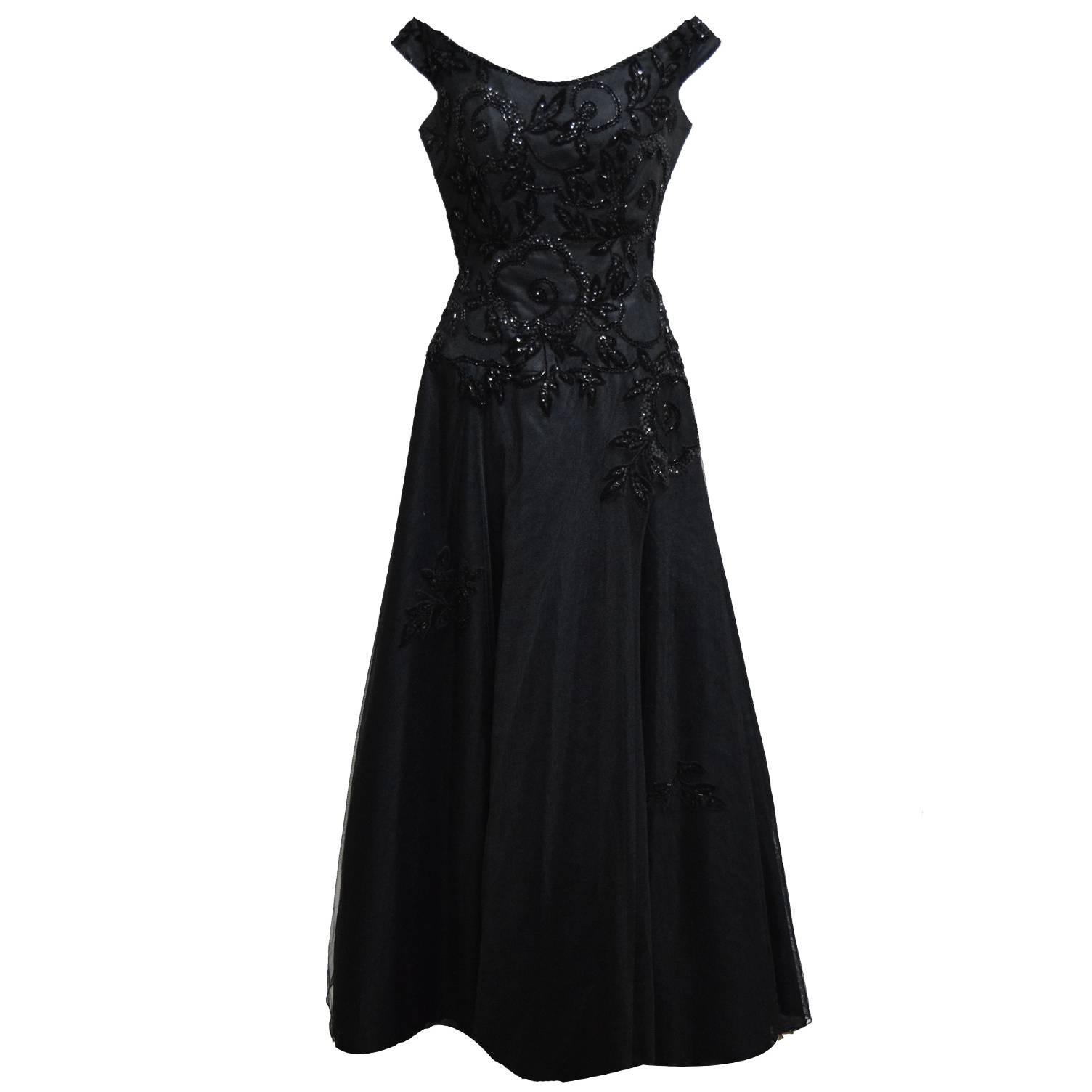 Liancarlo Three Layered Tulle Black Evening Gown with Hand Embroidered Detail For Sale