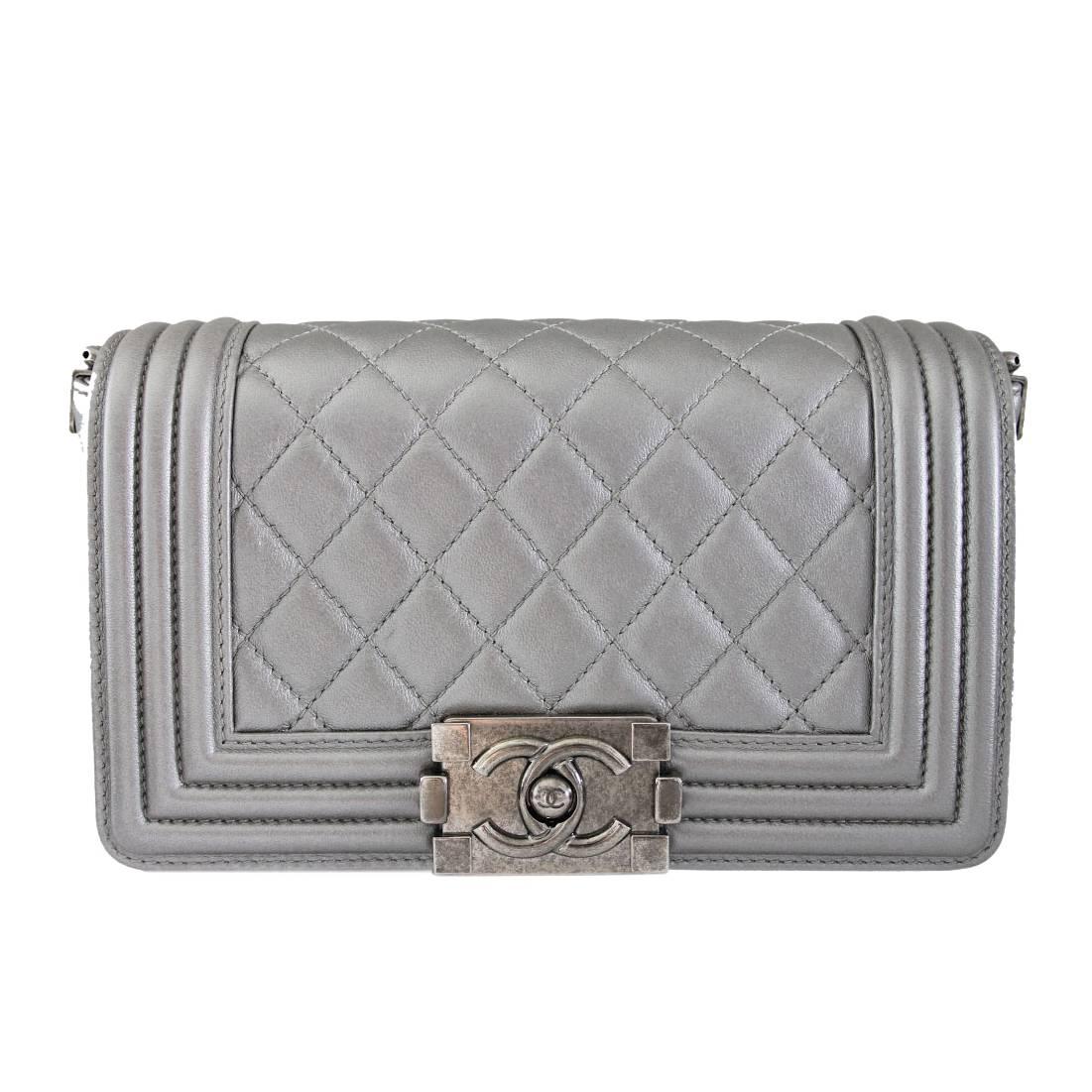 Chanel Silver Boy Bag Quilted Leather Stingray Strap SHW Flap Bag