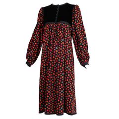 Vintage Yves Saint Laurent Velvet 
Wool Printed Smock Dress w/Braided Trim