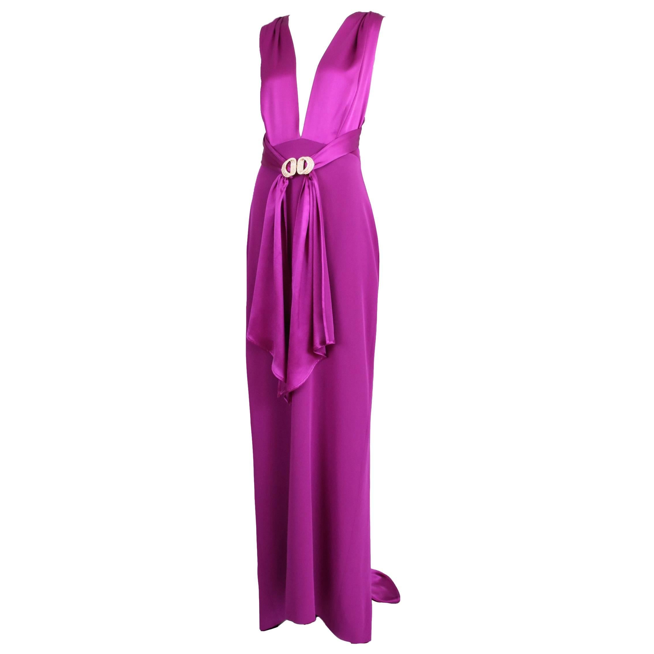 Dolce & Gabbana Fuchsia Silk Plunge V-Neck Evening Gown w/Mini Train