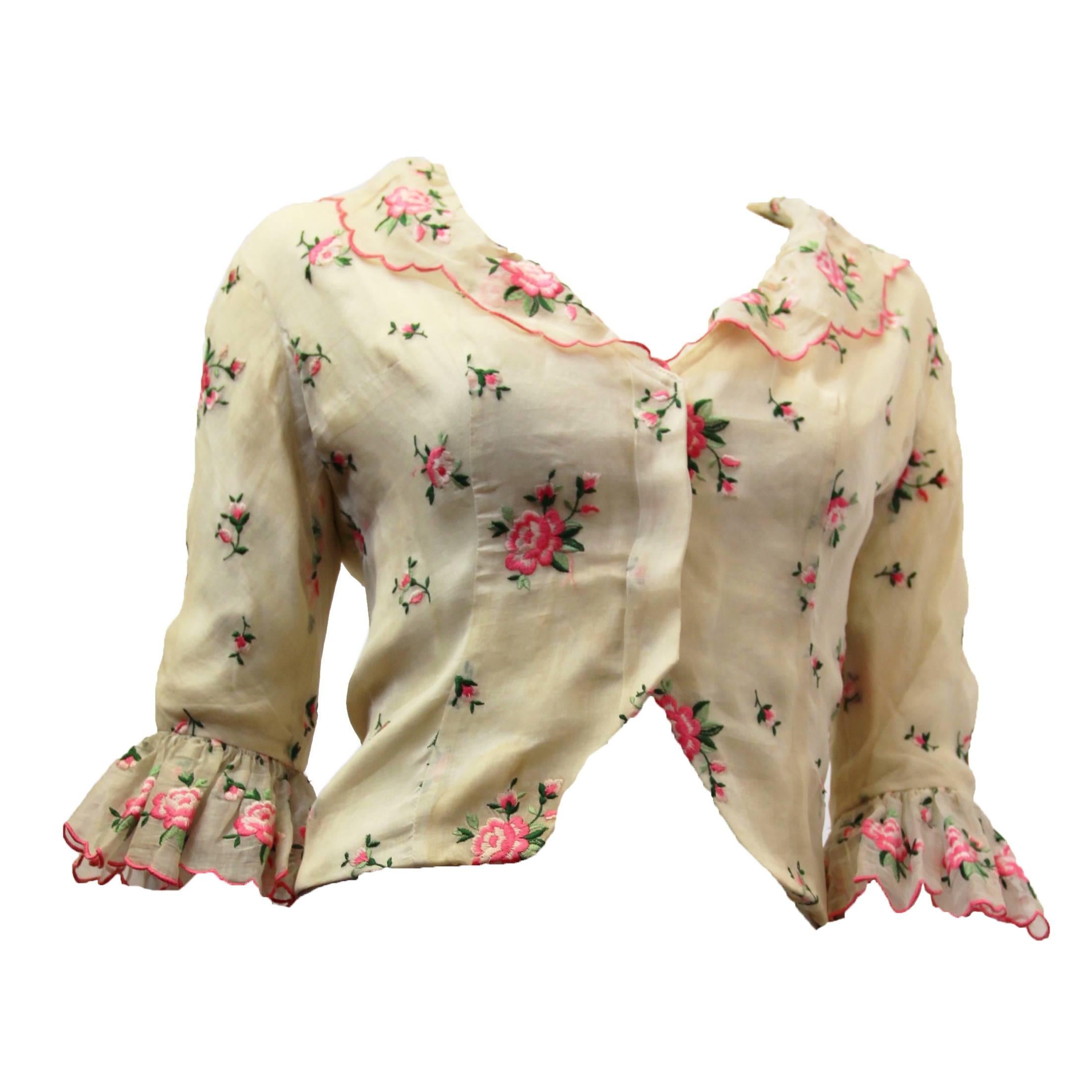 50s Castillo Organdy Rose Embroidered Blouse with Ruffle Collar and Cuffs