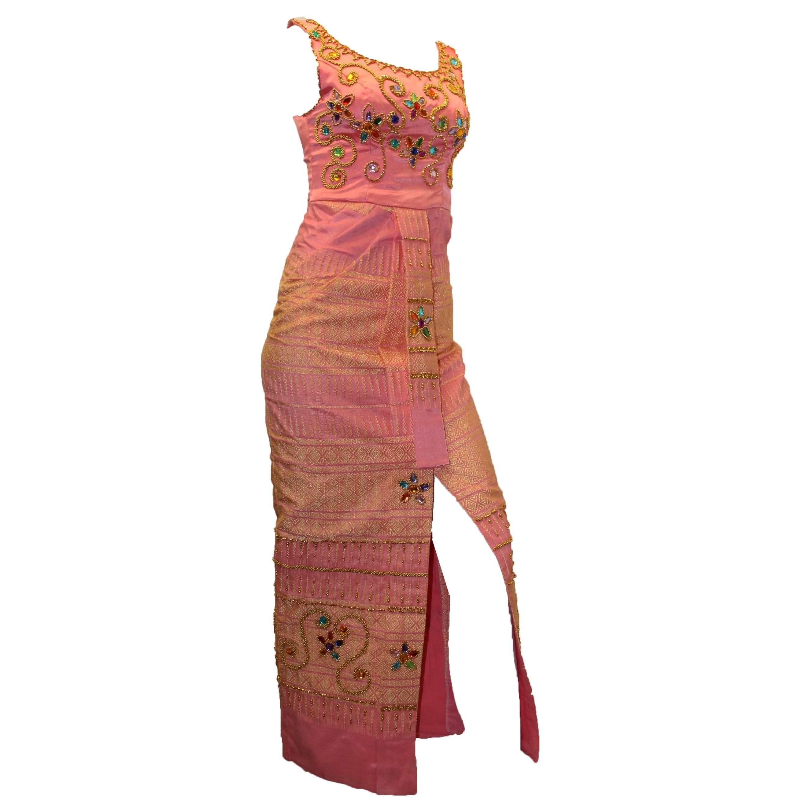 60s Pink Satin Embroidered and Hand Beaded Evening Dress For Sale