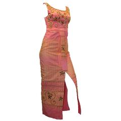 Used 60s Pink Satin Embroidered and Hand Beaded Evening Dress