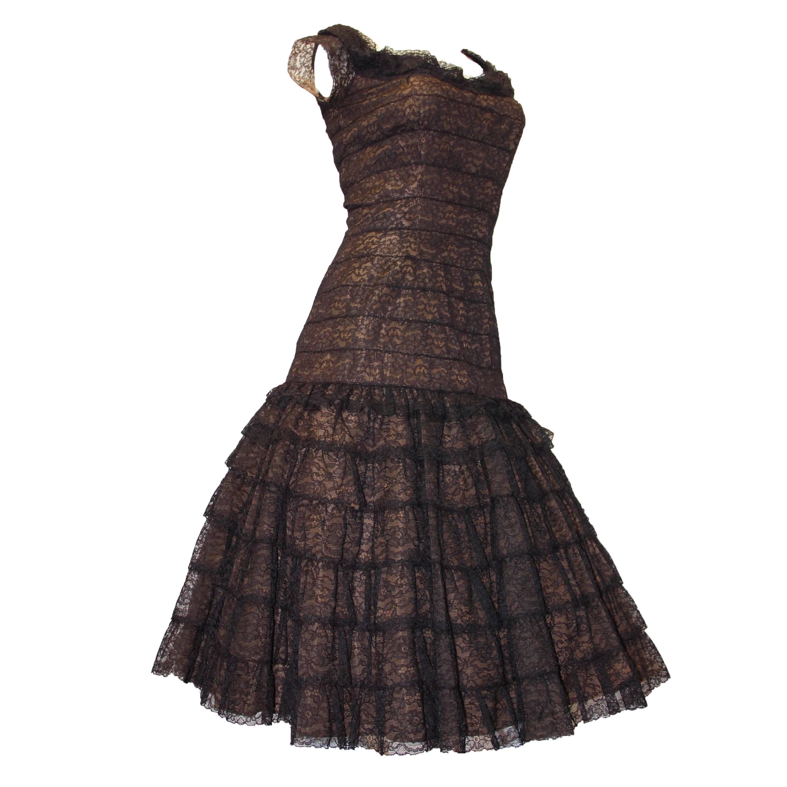 50s Drop Waist Lace Tiered Skirt Dress 