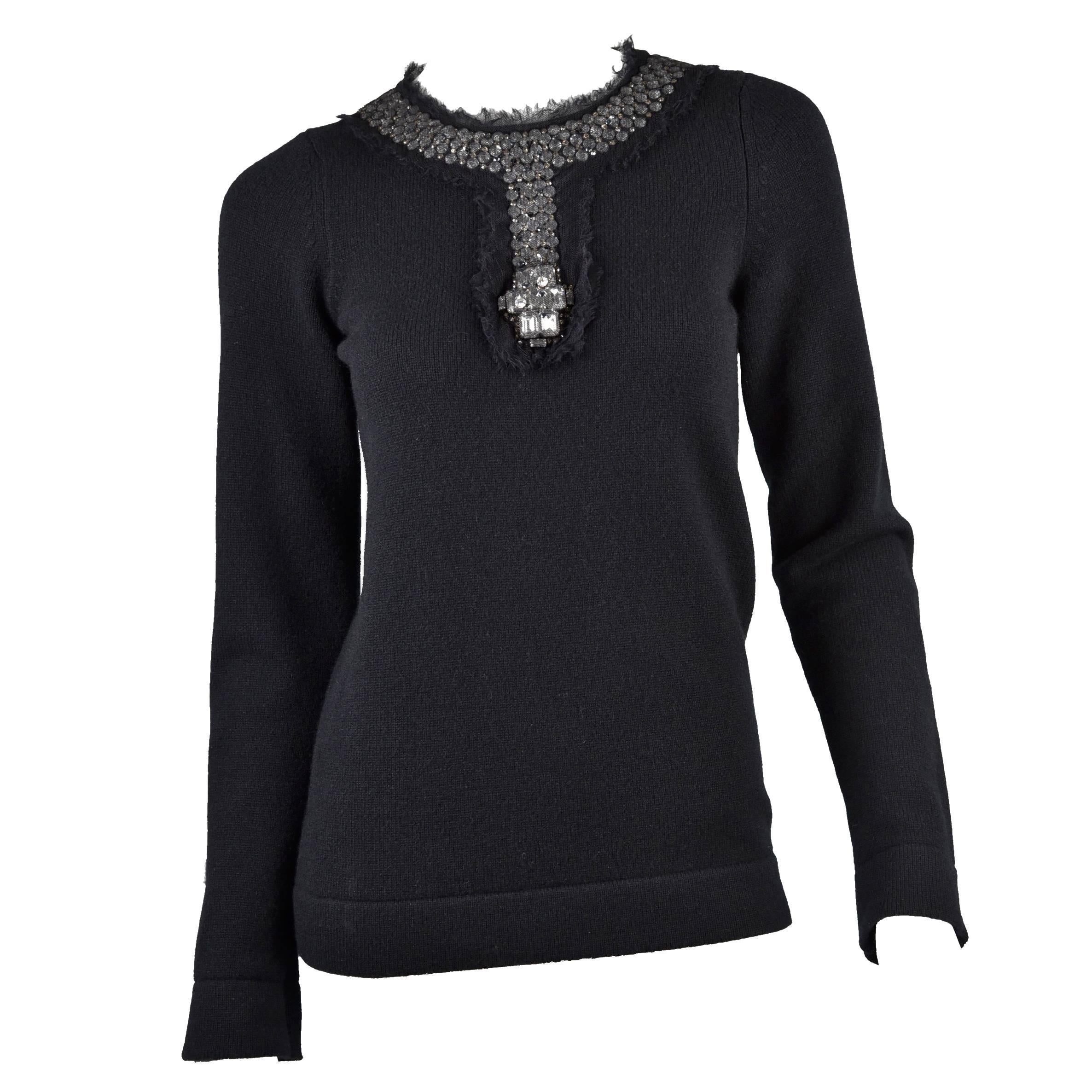 Chanel 1994 Black Cashmere Sweater with Large Elaborate Rhinestones in Mesh FR40 For Sale