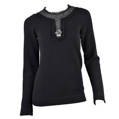 Chanel 1994 Black Cashmere Sweater with Large Elaborate Rhinestones in Mesh FR40