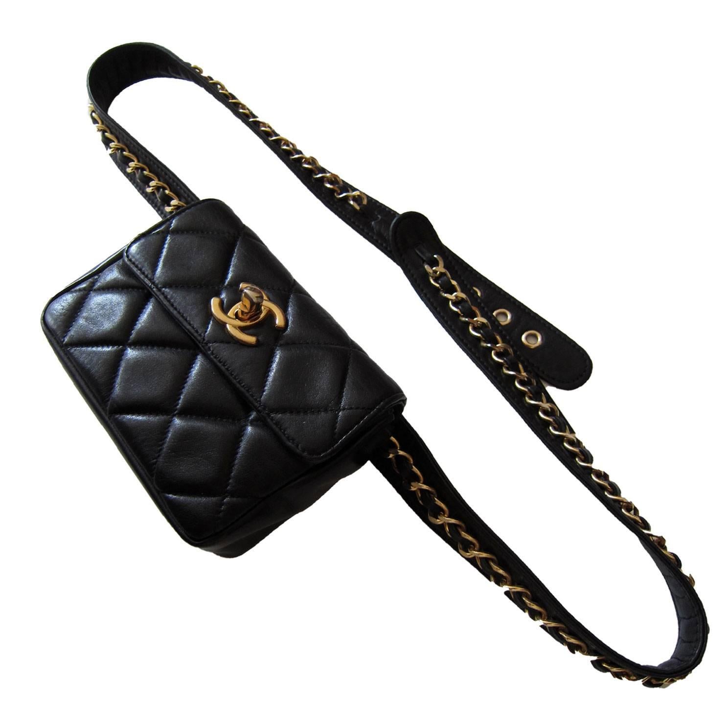 Chanel Chain Hook Belt Quilted Waist Bag Black Leather 