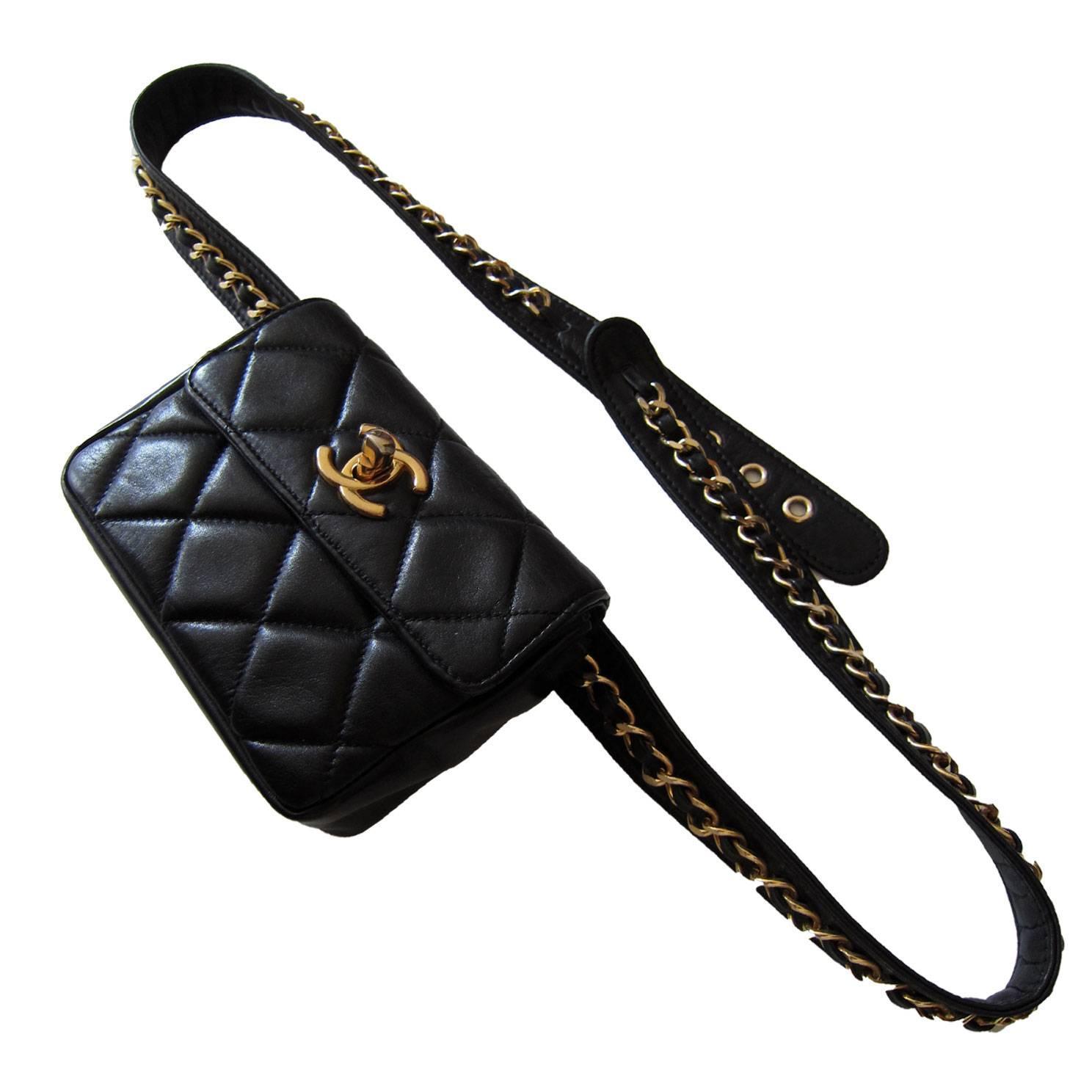 Chanel Chain Hook Belt Quilted Waist Bag Black Leather at 1stdibs