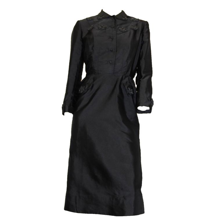 50's Hattie Carnegie Black Silk Faille Evening Dress For Sale at 1stDibs
