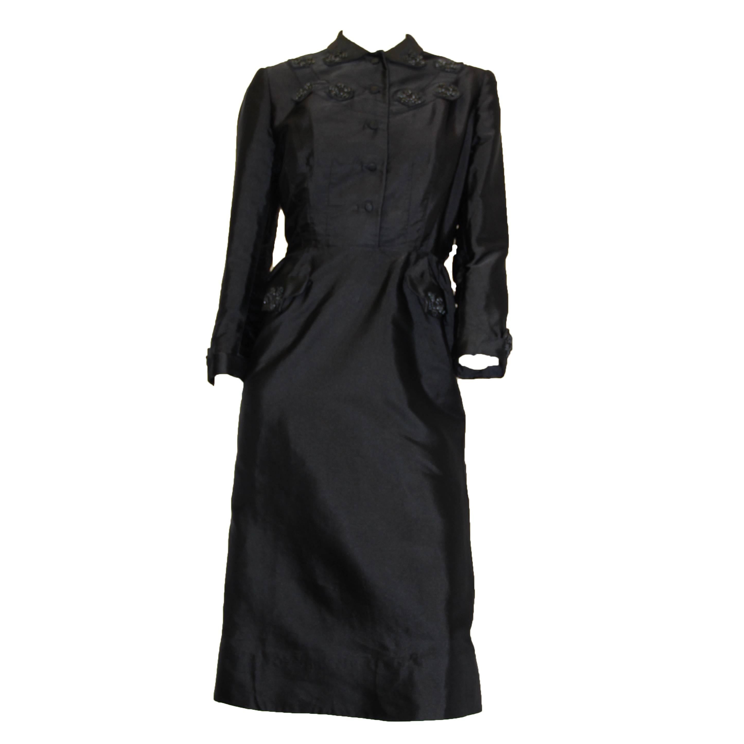 50's Hattie Carnegie Black Silk Faille Evening Dress For Sale at ...