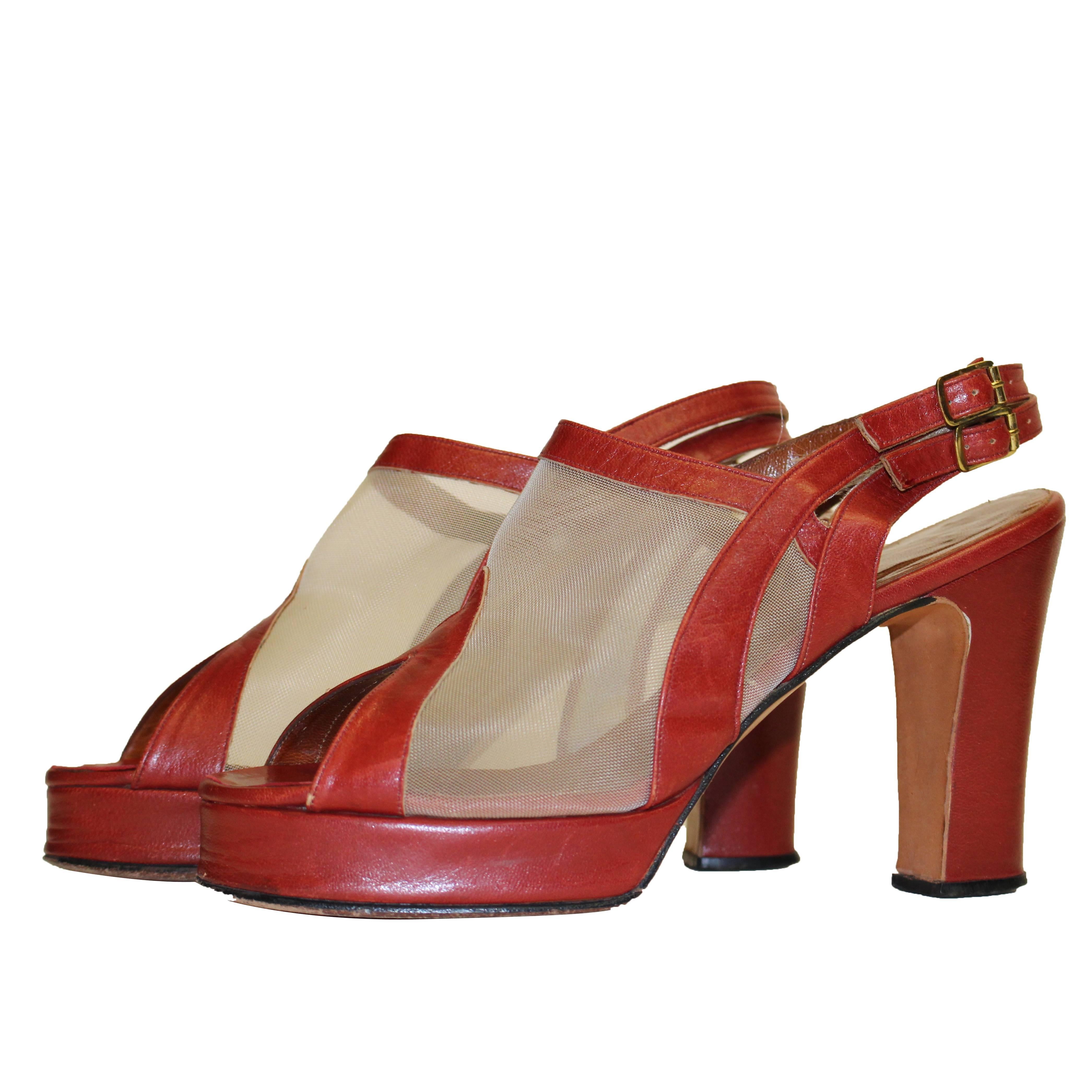 1970s Red Leather Mesh Peep Toe Platforms  For Sale