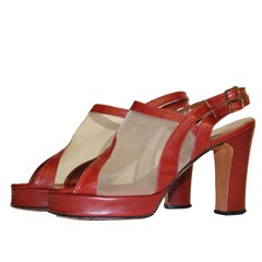 Vintage 1970s Red Leather Mesh Peep Toe Platforms