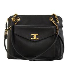 Vintage Chanel 12" Black Caviar Leather Large Shoulder Tote Bag