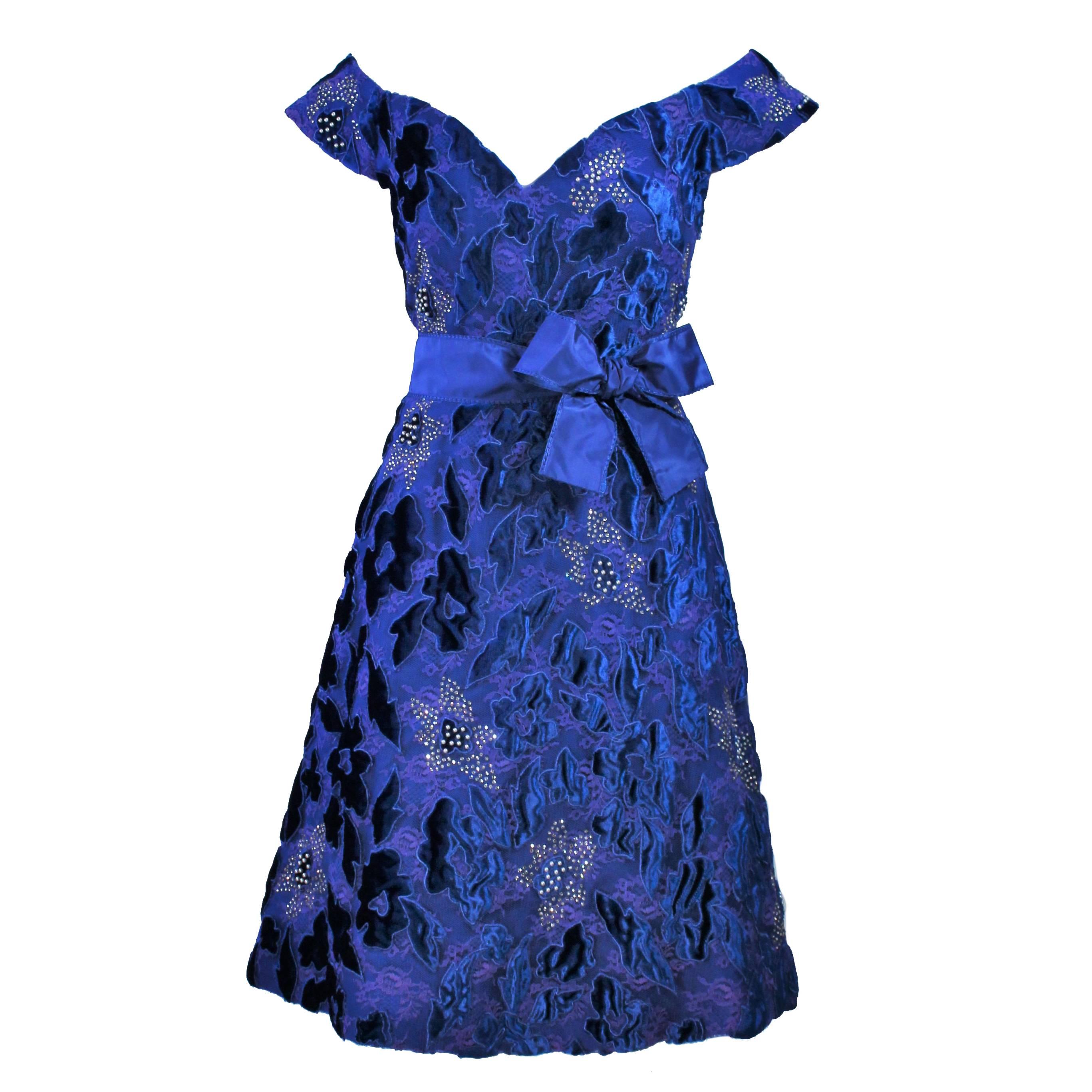 ARNOLD SCAASI 1980
s Blue Velvet 
Satin Cocktail Dress with Rhinestones Size 8