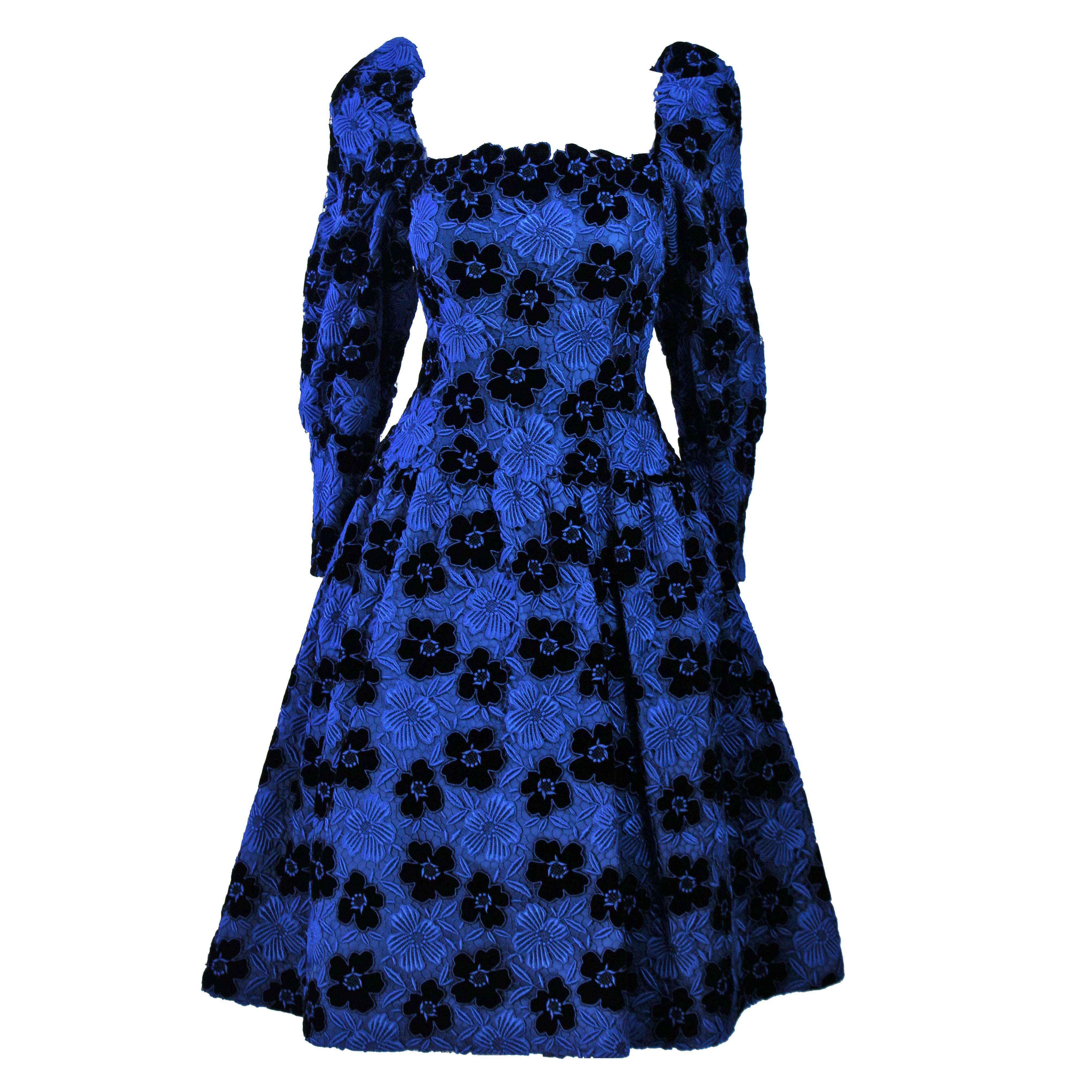 ARNOLD SCAASI Cobalt Blue Evening Dress with Floral Pattern Size 10-12