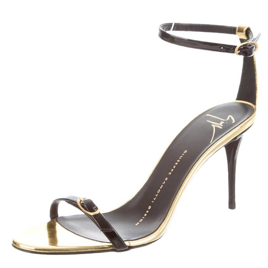 Giuseppe Zanotti NEW Black Patent Leather Gold Trim Strappy Ankle Sandals in Box