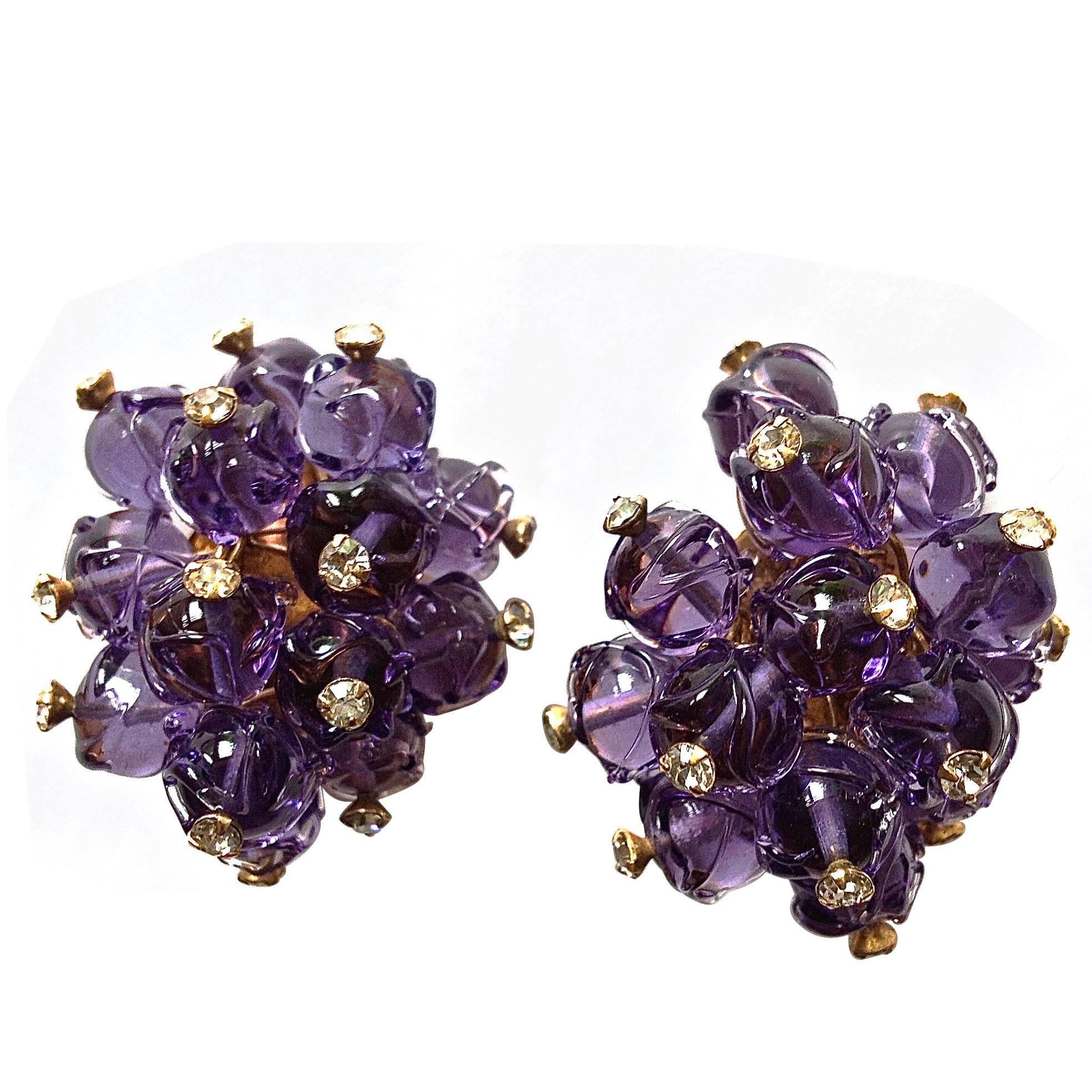 MINT Vintage ✿*ﾟChanel 94A purple Gripoix Cluster Glass Bead Crystal Earrings For Sale