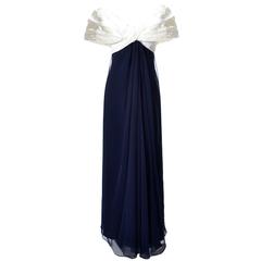 Victor Costa Navy Blue Chiffon Vintage Dress with White Satin Off Shoulder