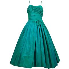 Sensational 1950s Vintage Dress Iridescent Green Pleating Bow 2/4