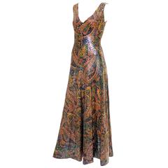 1970s Vintage Dress Sequins Psychedelic Paisley Formal Evening Gown