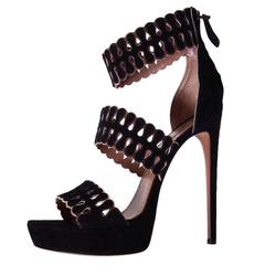 Alaia NEW & SOLD OUT Black Suede Gold Leather Trim Laser Cut High Heels Sandals