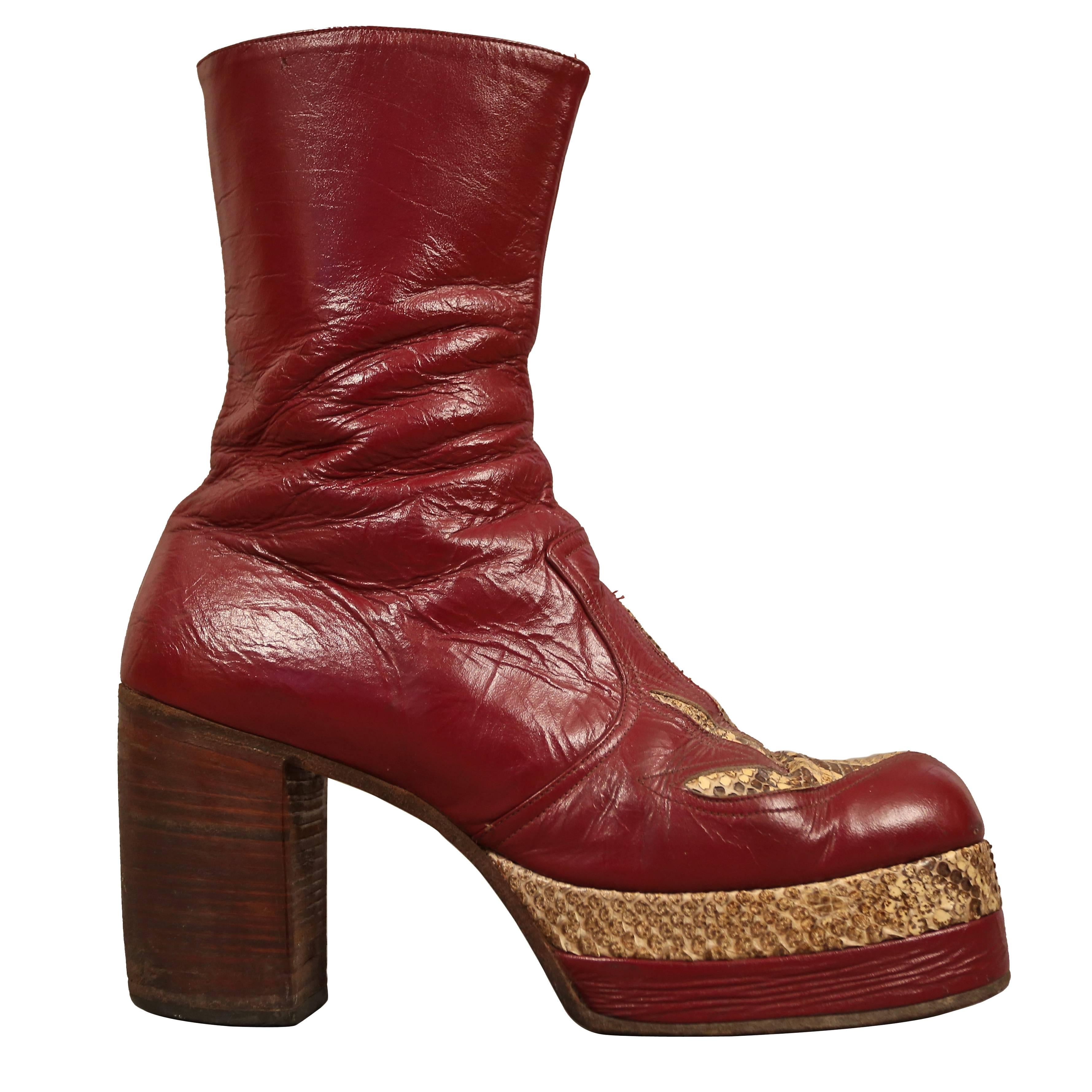 Mens burgundy leather platform boots with snakeskin, c. 1970 