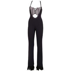 Marine blue jumpsuit with cut out and lace up bra, C. 1970 6