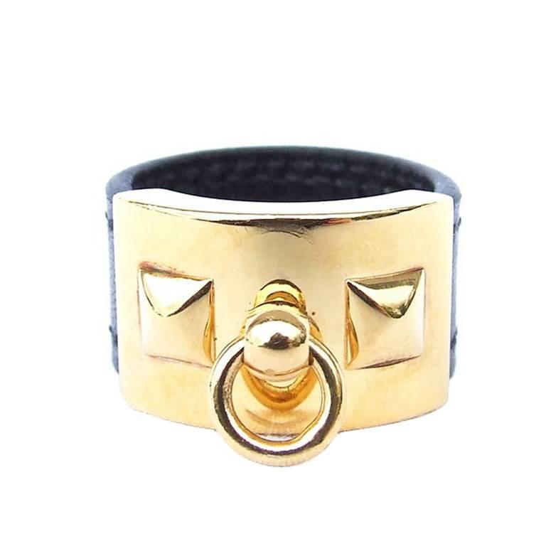 Hermes Collier de Chien CDC Medor Ring Black Leather Gold Hdw Size L For  Sale at 1stDibs | hermes cdc ring, collier de chien ring, hermes leather  ring