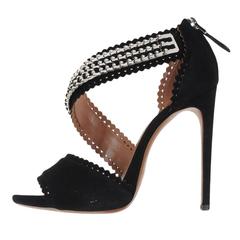 Alaia NEW & SOLD OUT Black Suede Silver Chain Metal High Heels Strappy Sandals 