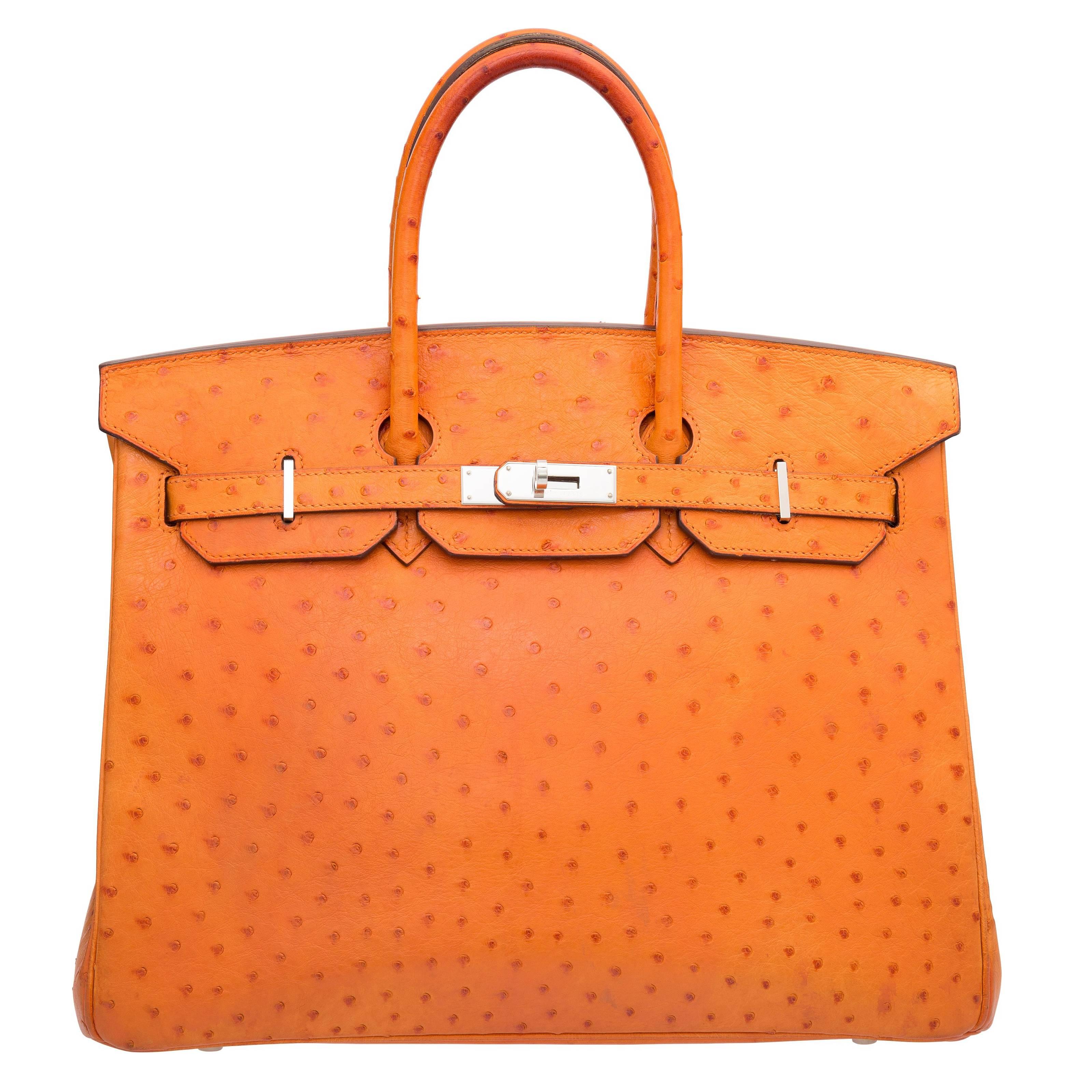 Hermes 35cm Tangerine Ostrich Birkin Bag with Palladium Hardware For Sale