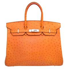 Hermes 35cm Tangerine Ostrich Birkin Bag with Palladium Hardware