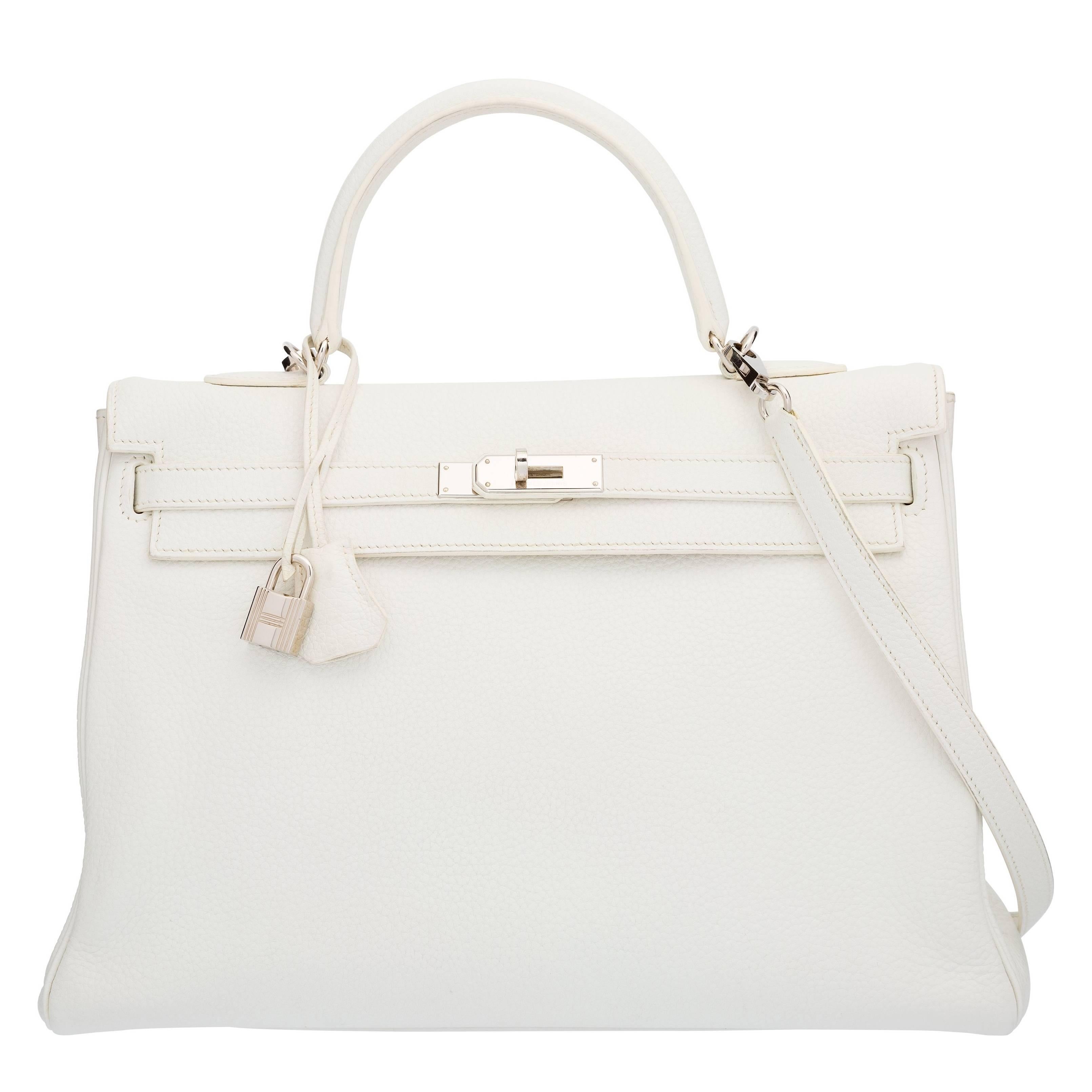 Hermes 35cm White Clemence Leather Retourne Kelly Bag with Palladium Hardware For Sale