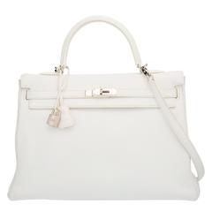 Hermes 35cm White Clemence Leather Retourne Kelly Bag with Palladium ...