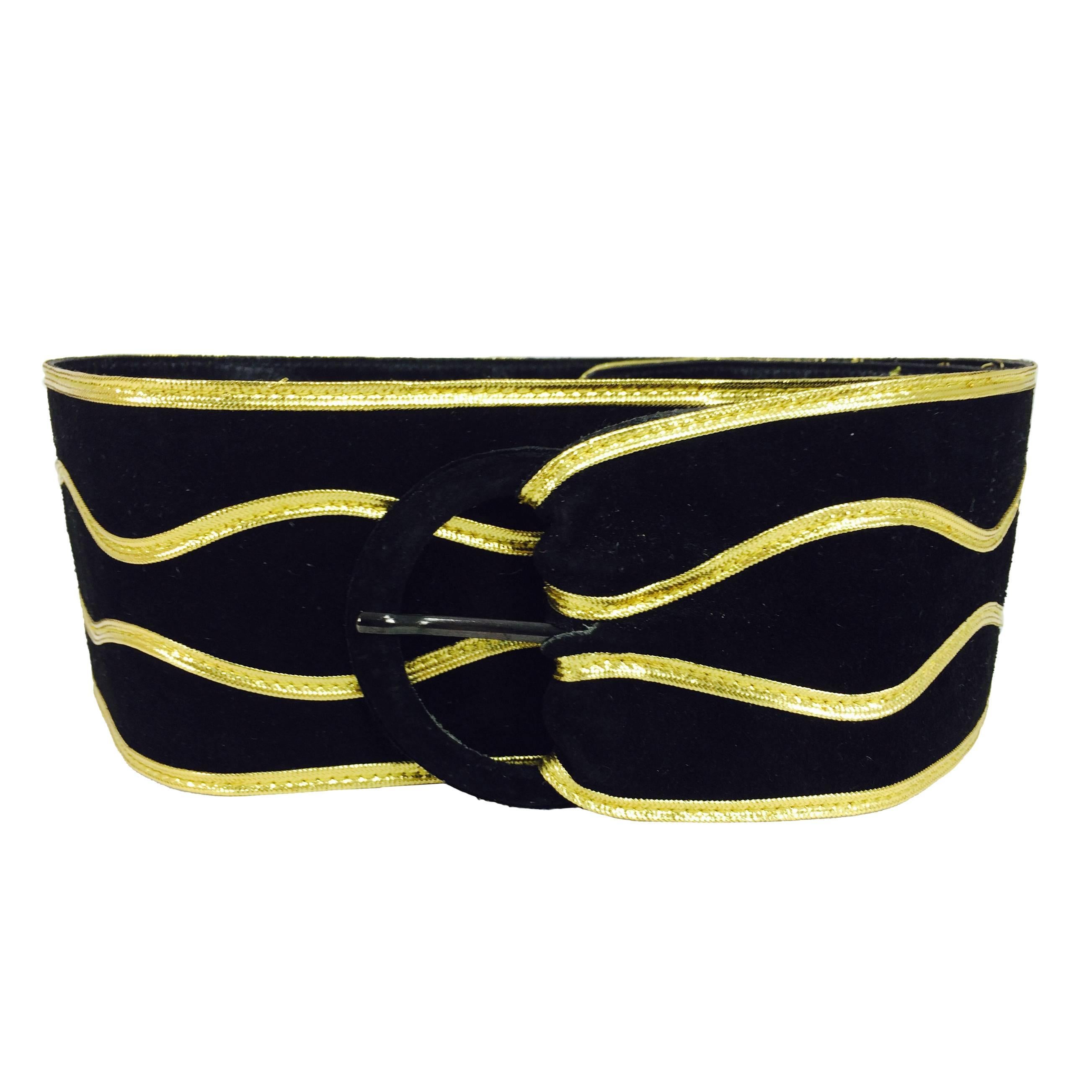 Vintage Yves Saint Laurent wide black suede with gold cord belt 1980s medium