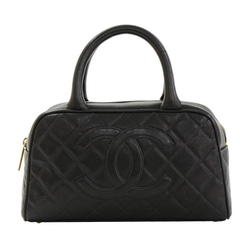 Vintage Chanel Mini Boston Black Quilted Caviar Leather Hand Bag