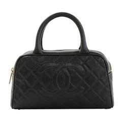 Retro Chanel Mini Boston Black Quilted Caviar Leather Hand Bag