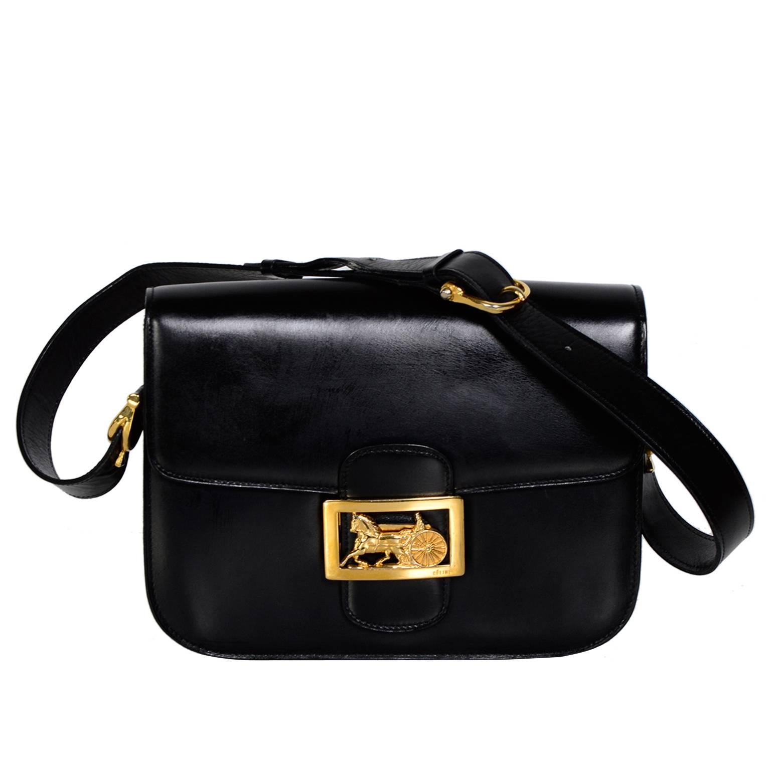 CELINE Vintage Horse Carriage Buckle Black Box Leather Shoulder Bag