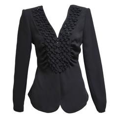 Armani Collezioni Black Silk Chiffon Crystal Embellished Ruffle Evening Jacket