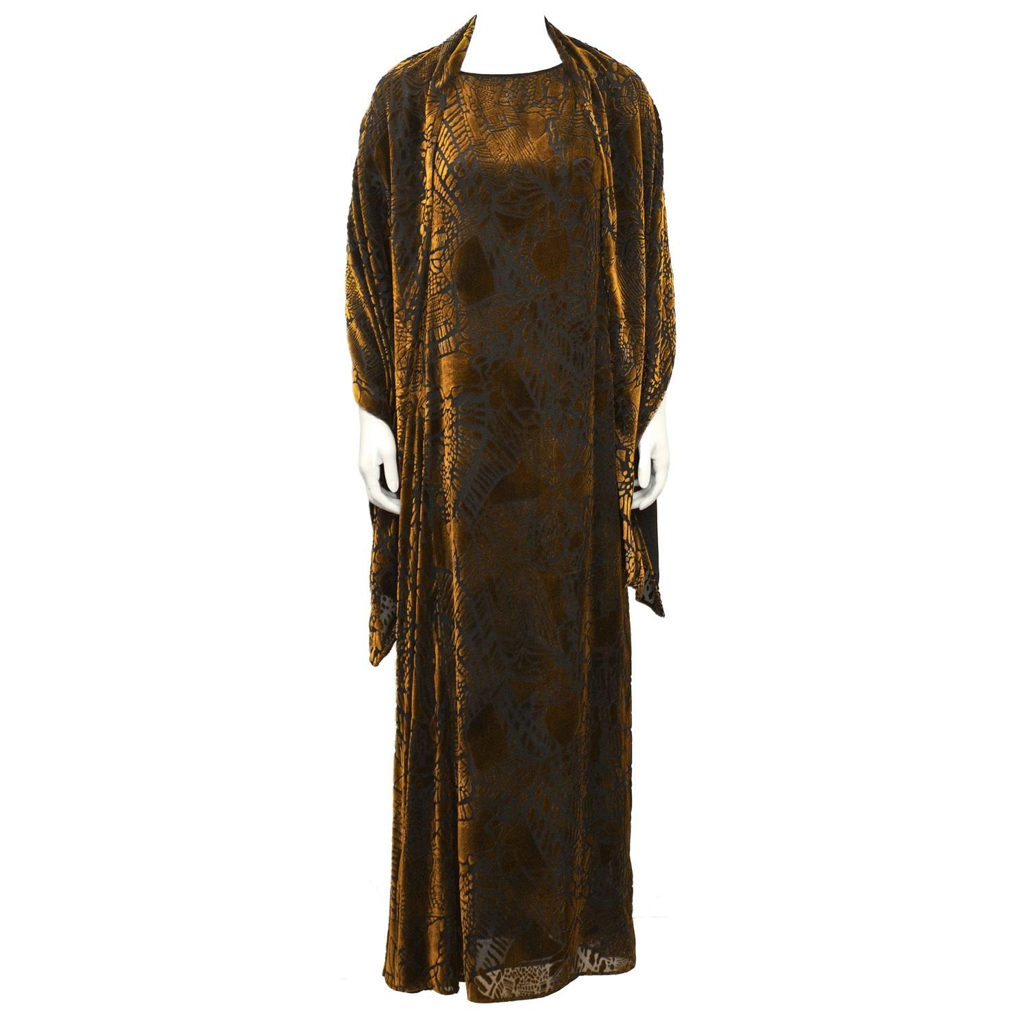1980's Christian LaCroix Devoré Bronze Sleeveless Dress & Shawl