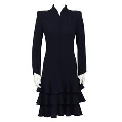 1980's Valentino Navy Crepe Long Sleeve Drop Waist Dress