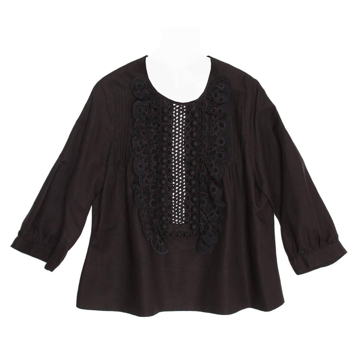 Chloe' Black Linen Top With Ruffles For Sale
