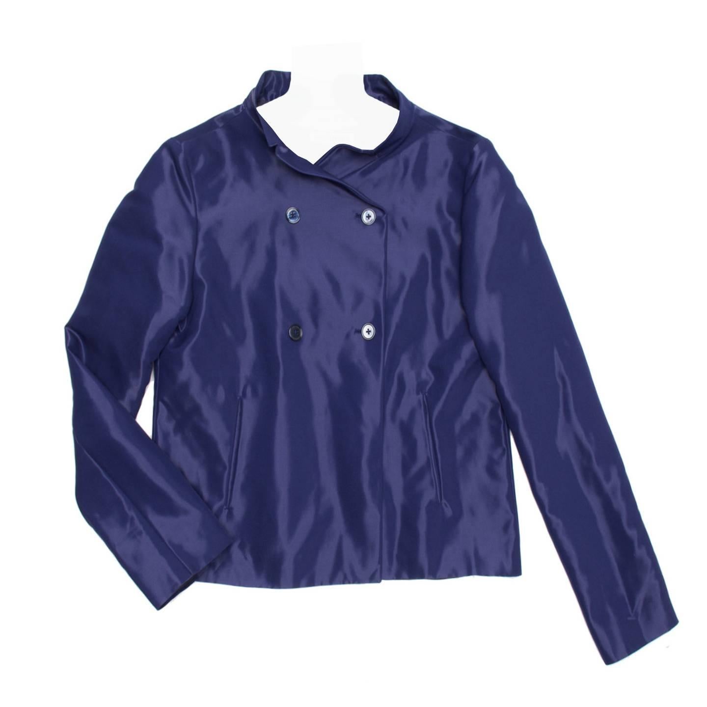 Jil Sander Blue Shiny Cropped Jacket For Sale
