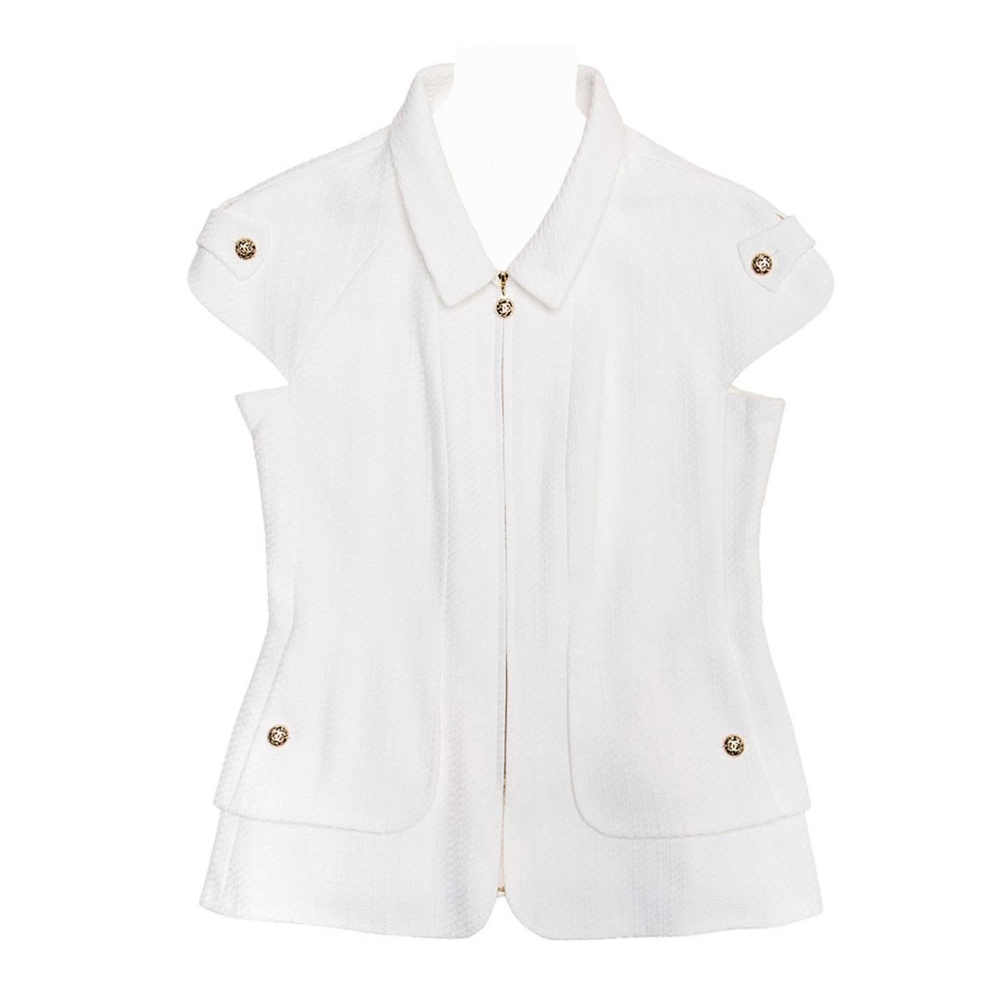 Chanel White Thick Pique Cotton Zip Front Jacket Vest For Sale