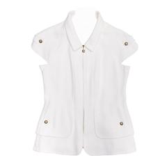 Chanel White Thick Pique Cotton Zip Front Jacket Vest