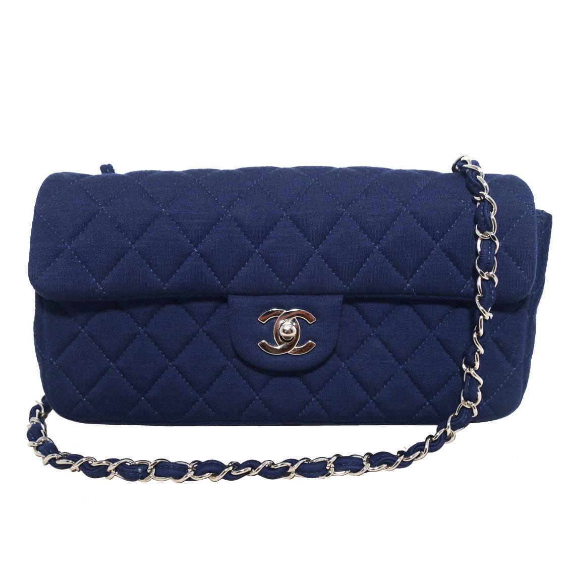 CHANEL Navy Quilted Cotton Classic Flap Shoulder Bag