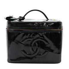 Chanel RARE Black Patent Leather Large Jewelry Travel Beauty Case Top Handle Bag