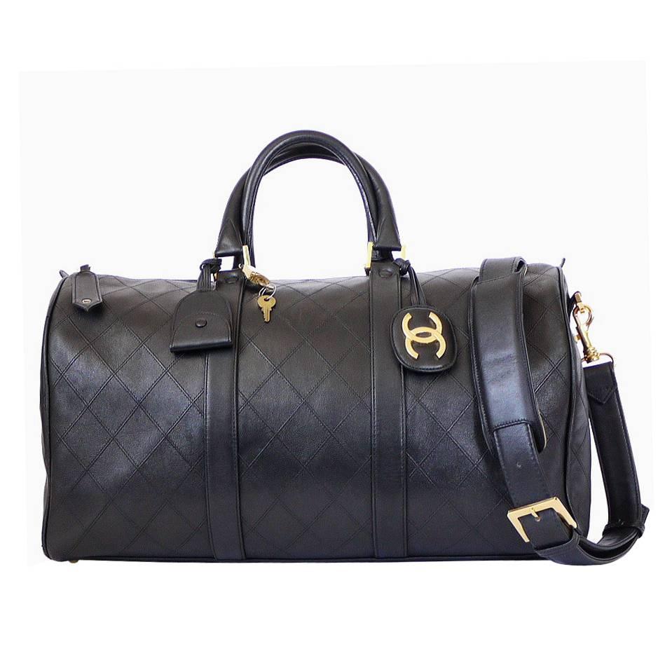 Vintage Chanel Black Lambskin Flat Quilt Boston Duffle Bag 1995