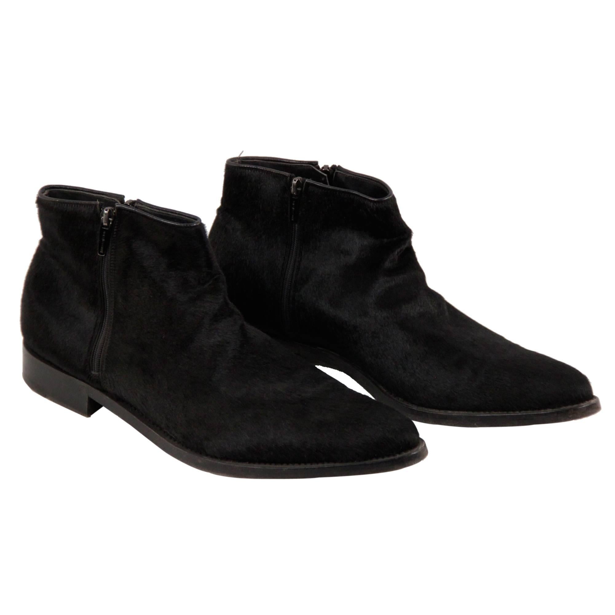 Authentic SERGIO ROSSI Black Pony Hair Leather MEN ANKLE BOOTS Size 10