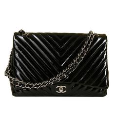 RARE FIND Chanel Black Patent Chevron 35cm Maxi Bag with Silver Hardware